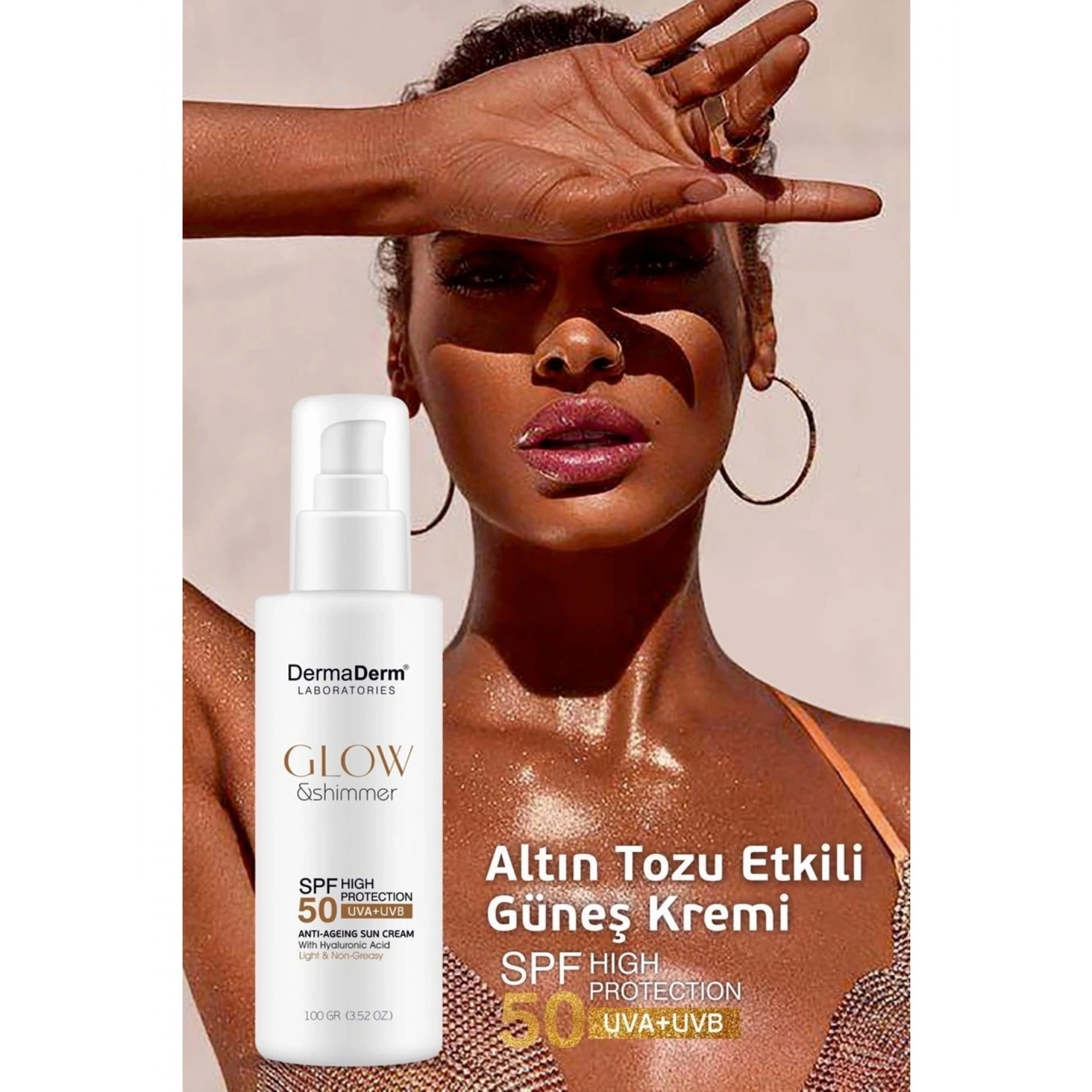 Dermaderm Glow ve Shimmer Simli Güneş Kremi Spf 50 100 GR - Işıltılı Yüksek Koruma