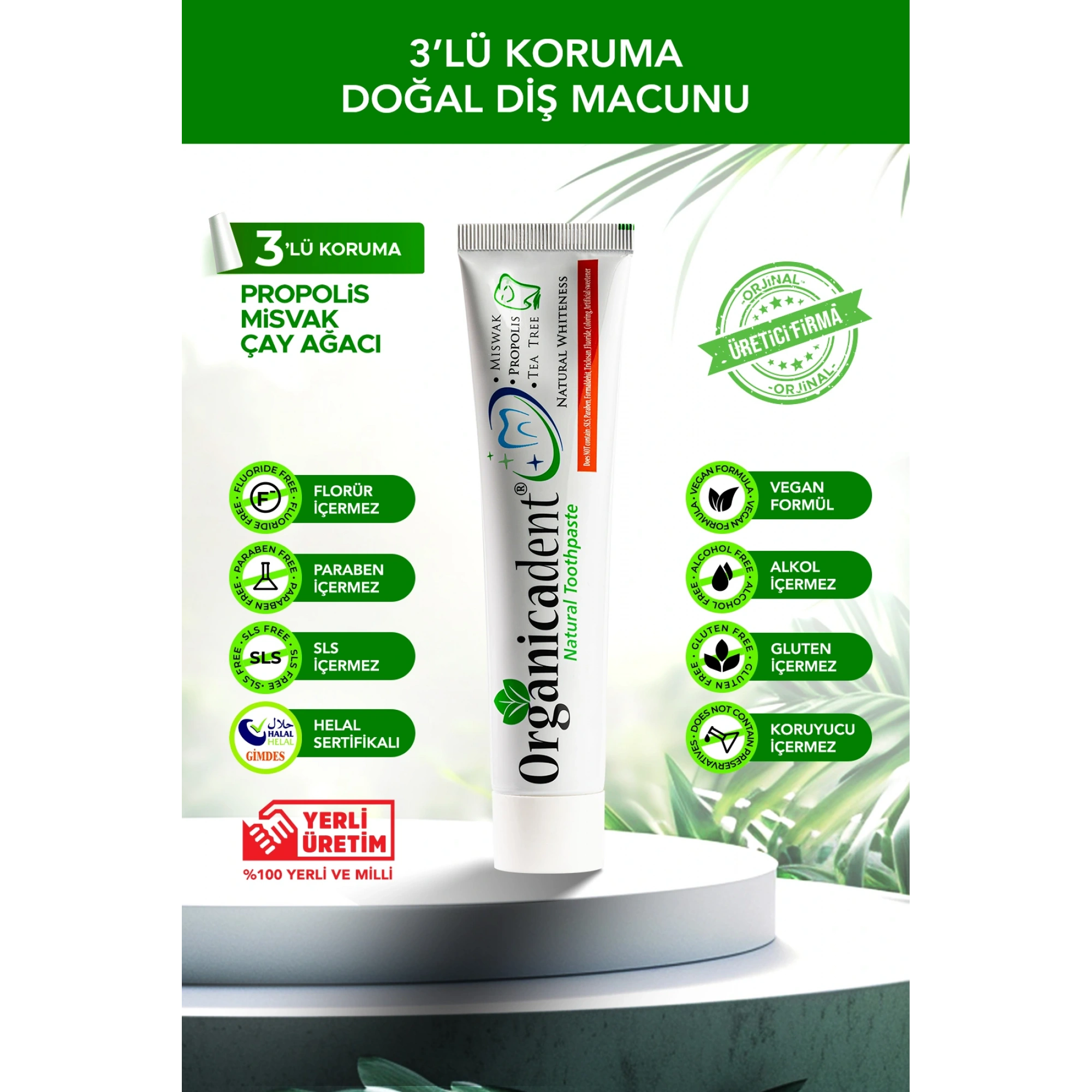 Organicadent Üçlü Koruma Doğal Diş Macunu 75 Ml - GİMDES Sertifikalı - Kapsamlı Bakım