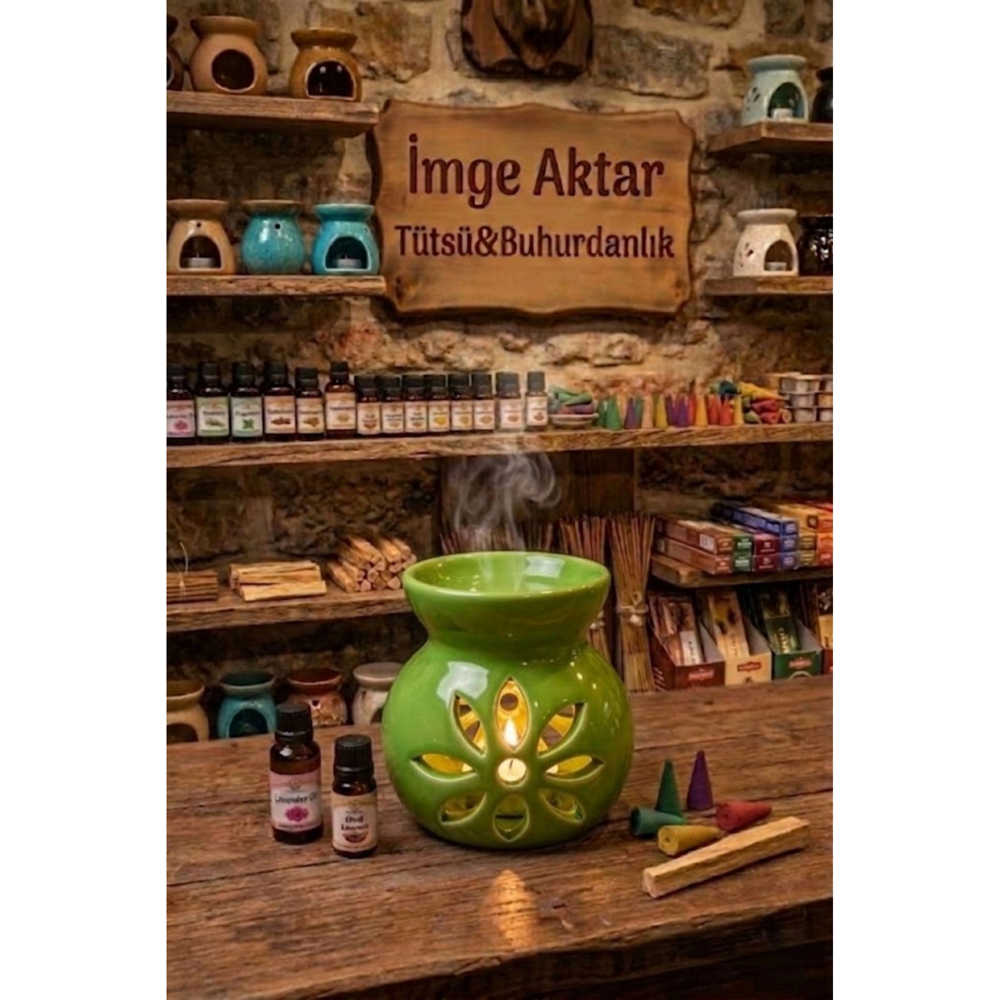 Yeşil Lotus Desenli Seramik Buhurdanlık Mumluk