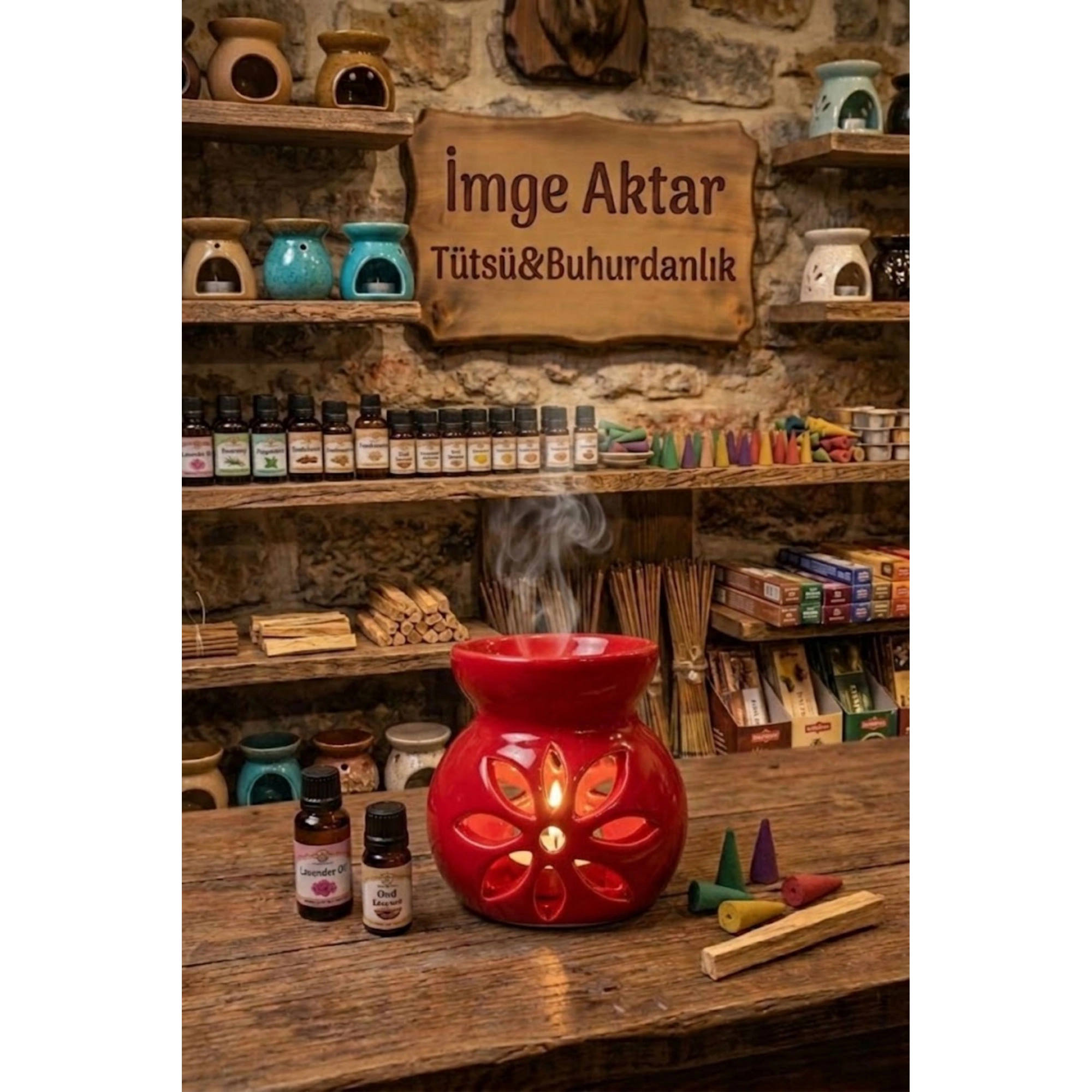 Kırmızı Lotus Desenli Seramik Buhurdanlık Mumluk Dekoratif