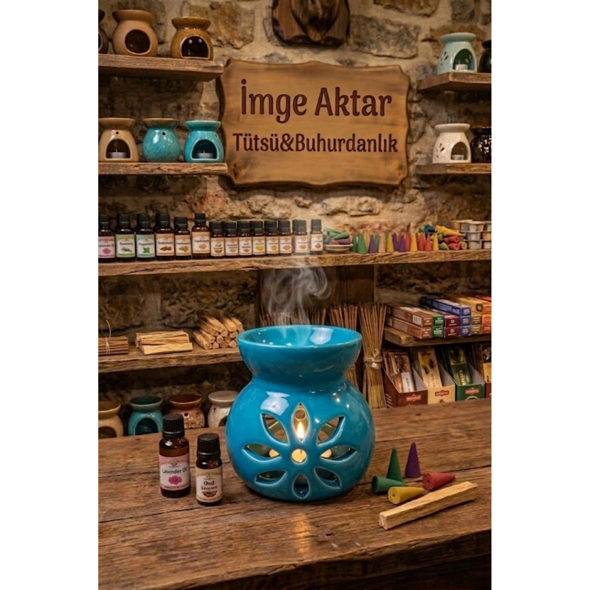 Mavi Lotus Desenli Seramik Buhurdanlık Mumluk Dekoratif