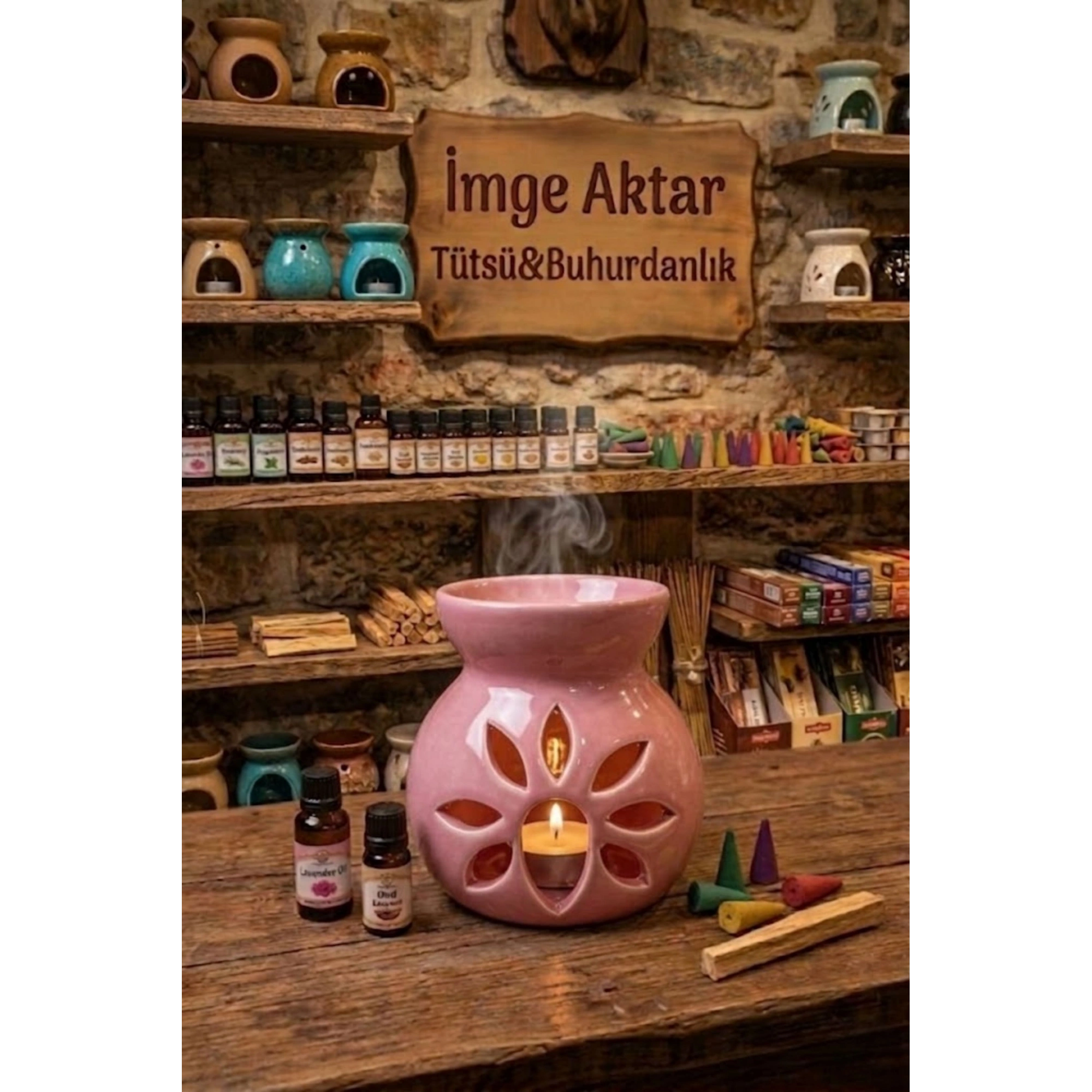 Pembe Lotus Desenli Seramik Buhurdanlık Mumluk Dekoratif