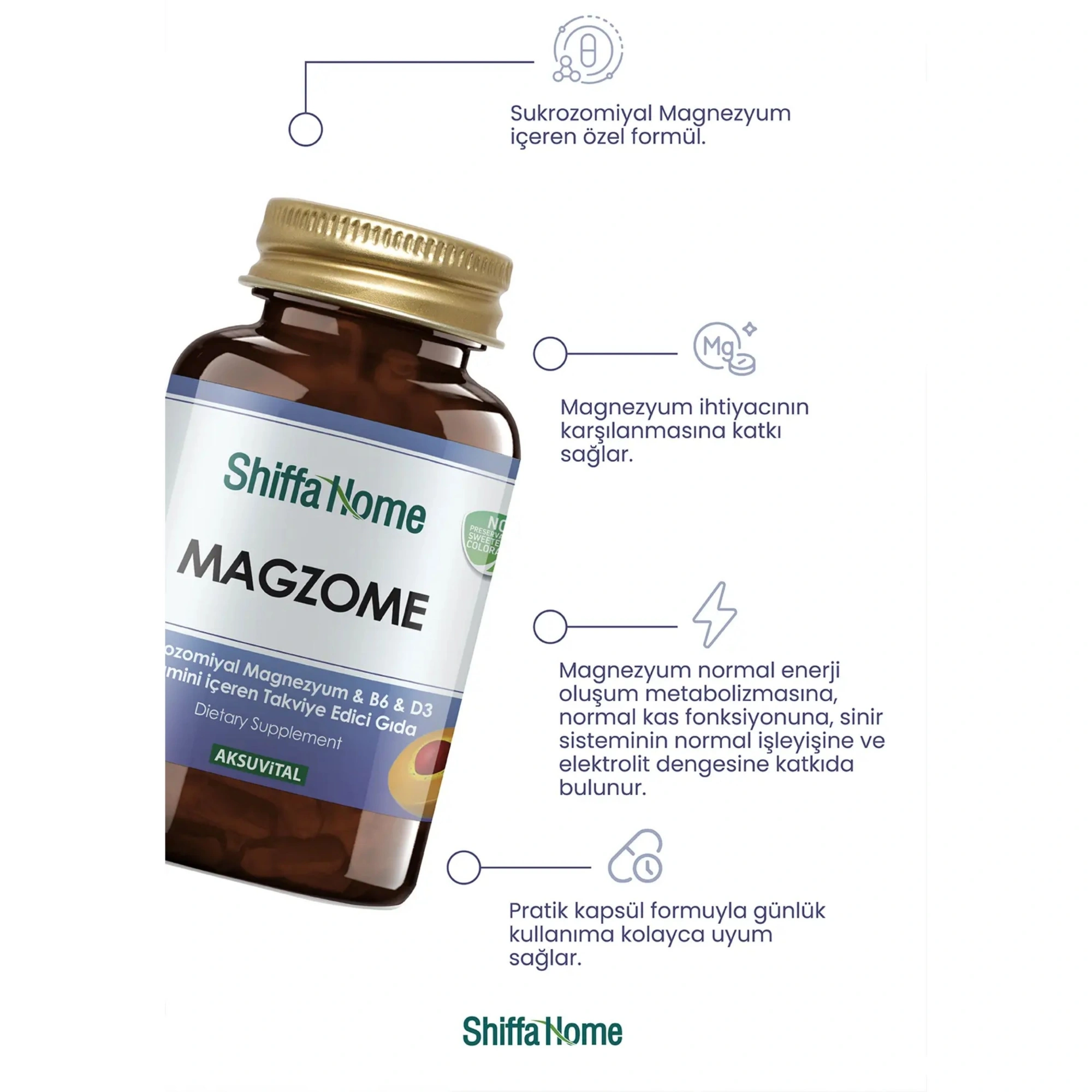 Shiffa Home Magzome Sukrozomiyal Magnezyum, B6 & D3 Vitamini 30 Kapsül