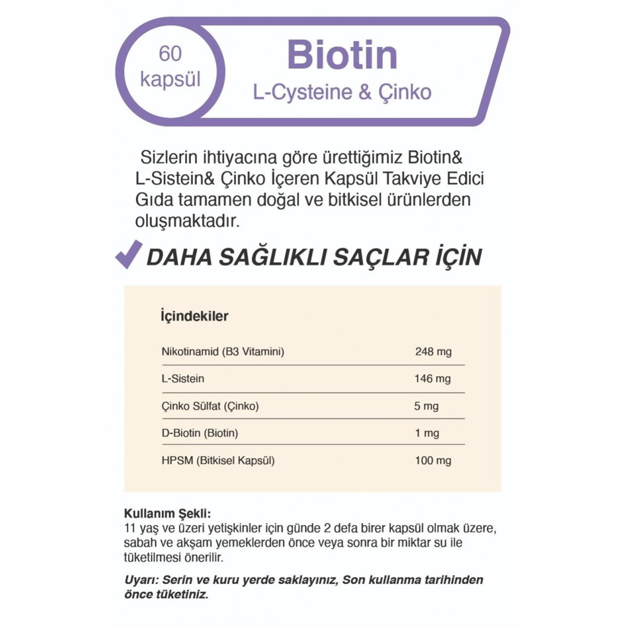 Mindivan Biotin, L-Sistein ve Çinko İçeren Takviye Edici Gıda - 500 Mg 60 Kapsül