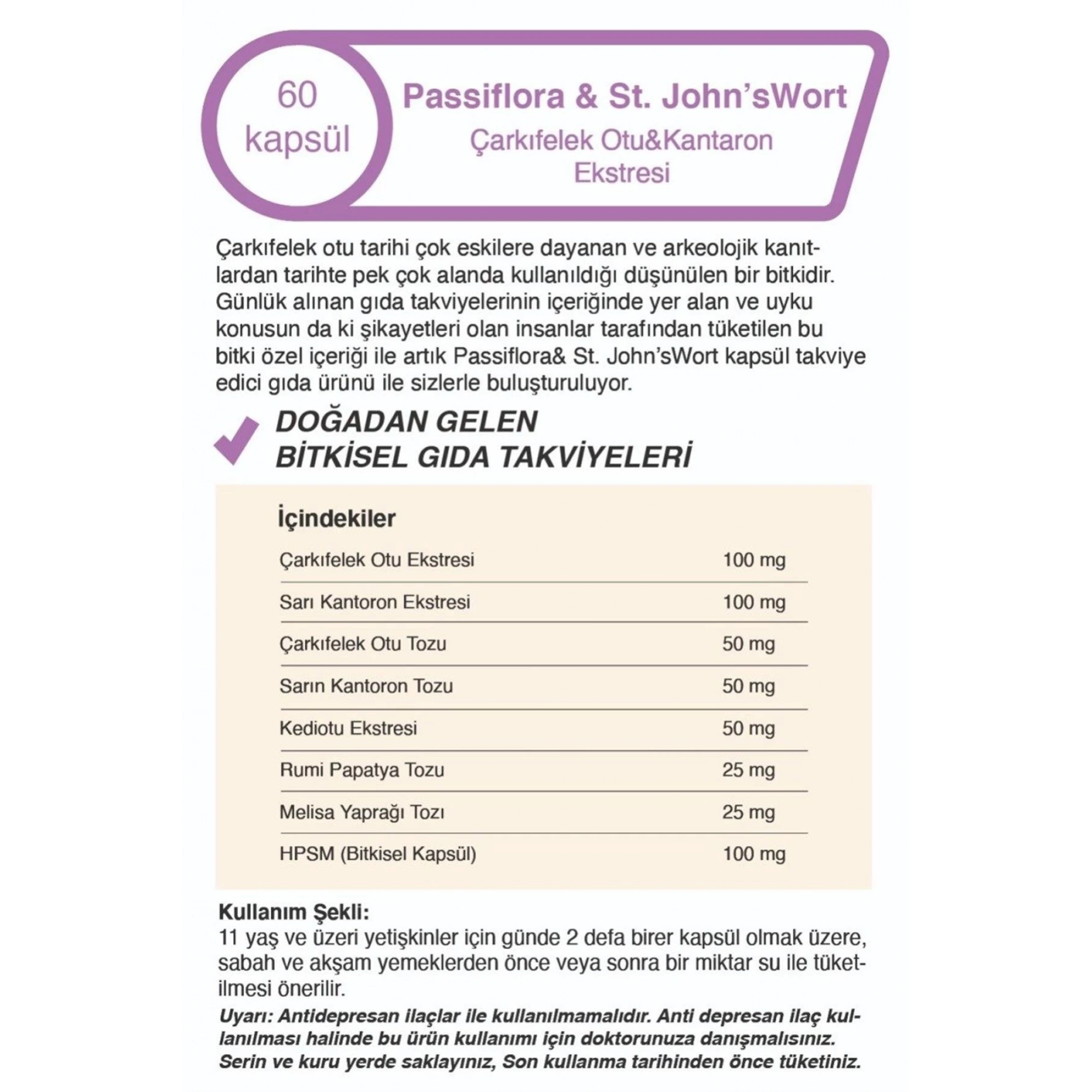 Mindivan Çarkıfelek Otu (Passiflora) ve Sarı Kantaron Ekstresi - 500 Mg 60 Kapsül