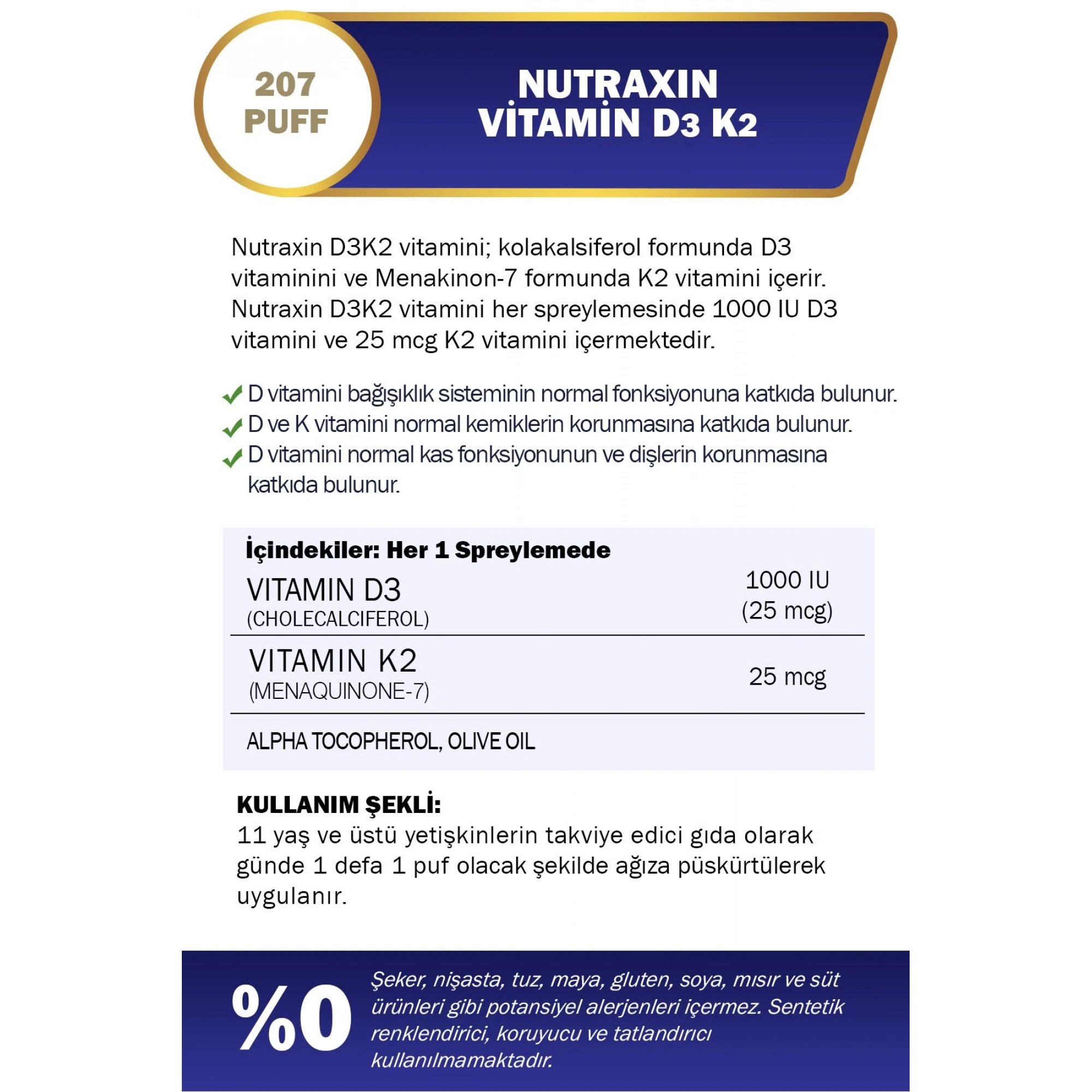 Nutraxin D3-K2 Sprey - 1000 IU D3 ve 25 mcg K2 Vitamini 30 Ml