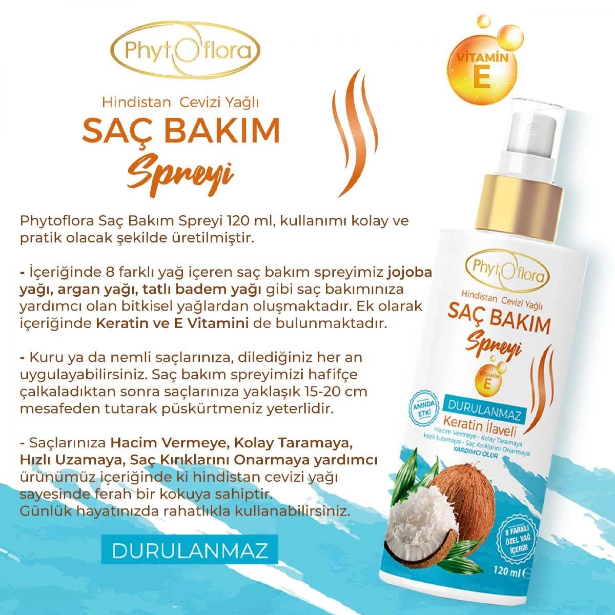 Phytoflora Hindistan Cevizli Saç Bakım Spreyi 120 Ml - Kolay Tarama ve Parlaklık