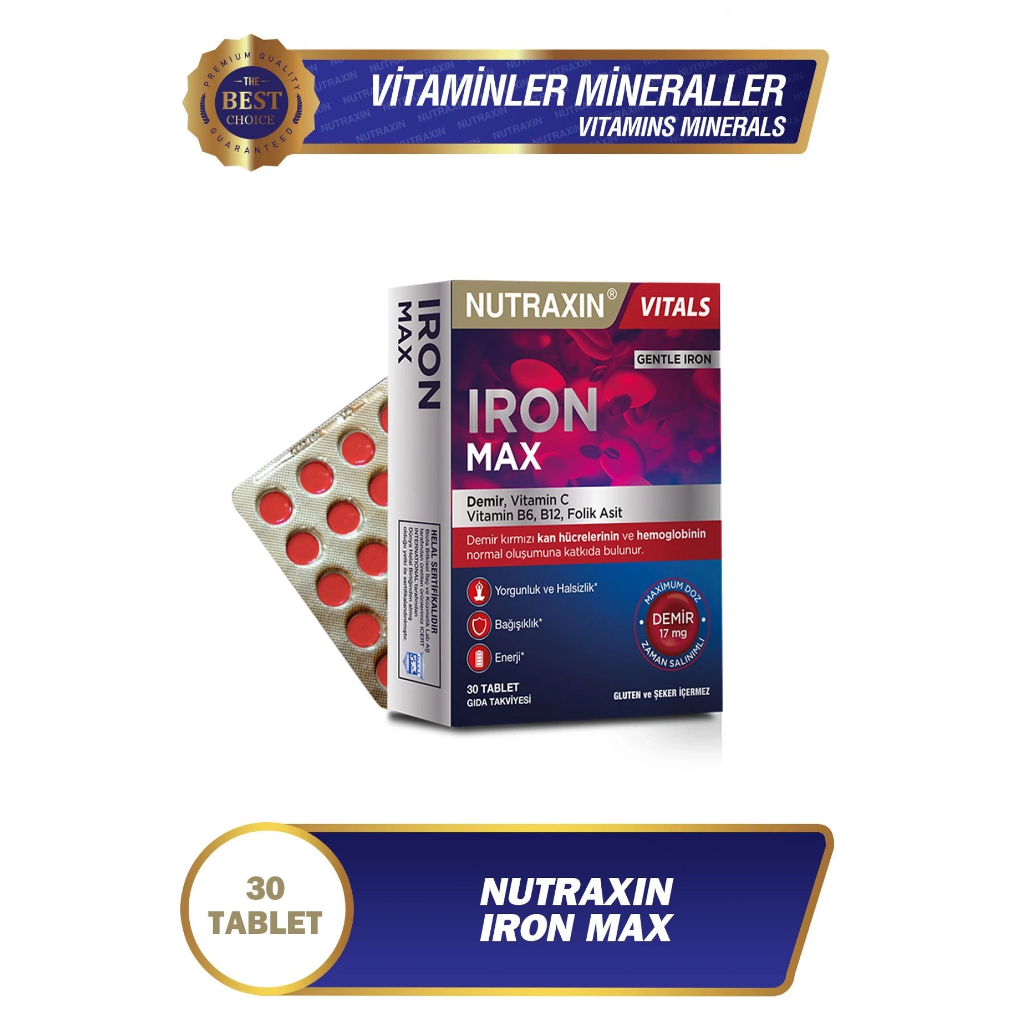 Nutraxin Iron Max 17 Mg 30 Tablet - Gentle Iron, Vitamin C, B12, B6, Folik Asit