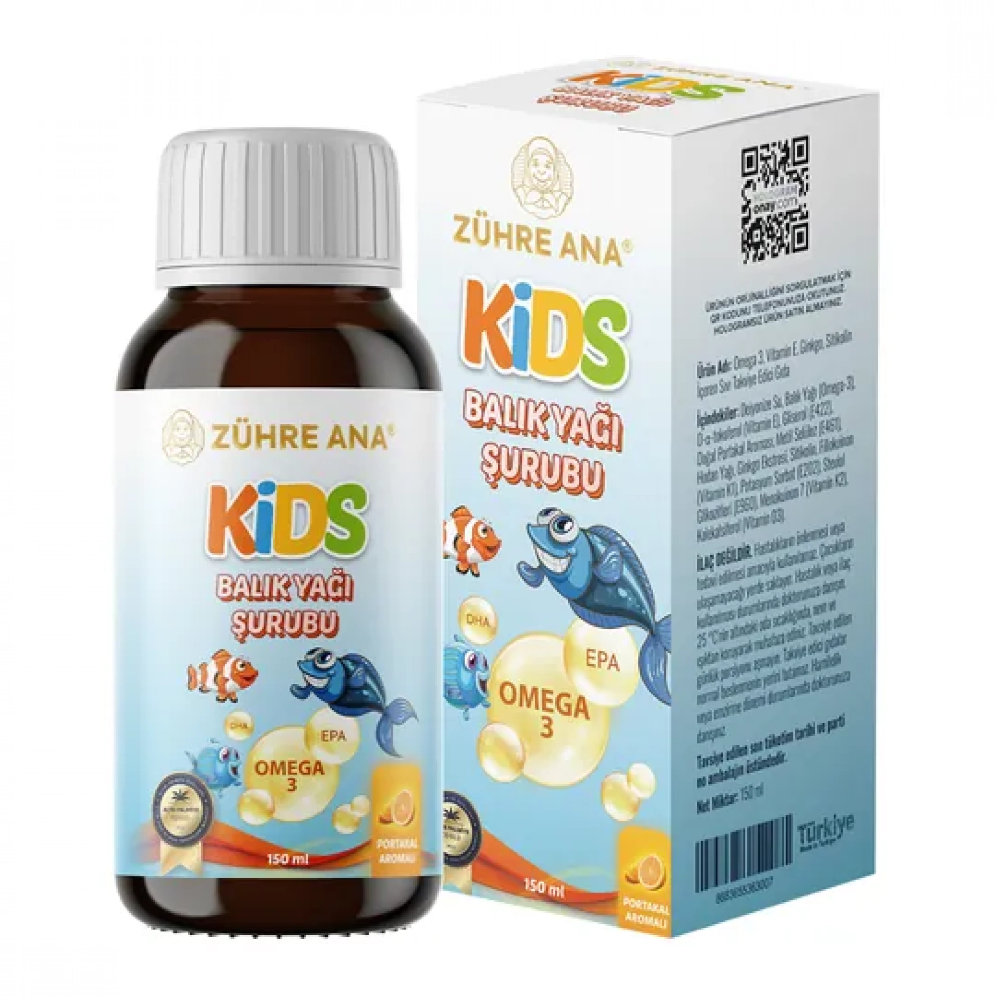 Kids Çocuklar için - Omega 3 Balık Yağı Şurubu Vitamin Katkılı ve Portakallı 150 Ml