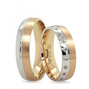 Mat Sarı Altın Şeritli İki Renkli Taşlı Kadın Alyans