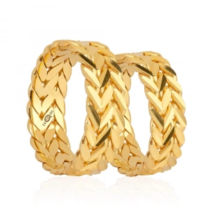 Sarı Altın Üçlü Örgü Tasarımlı Kadın Alyans