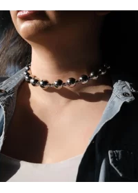 Sıralı Tek Taş Detay Silver Topçuk Choker Kolye