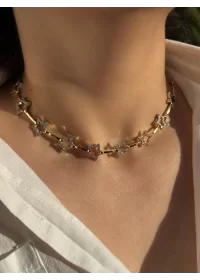 Taşlı Yıldız Sıralı Gold Choker Kolye