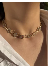 Taşlı Yıldız Sıralı Gold Choker Kolye