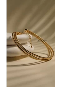 Özel Seri Tırtık Plaka Üçlü Gold Choker Kolye