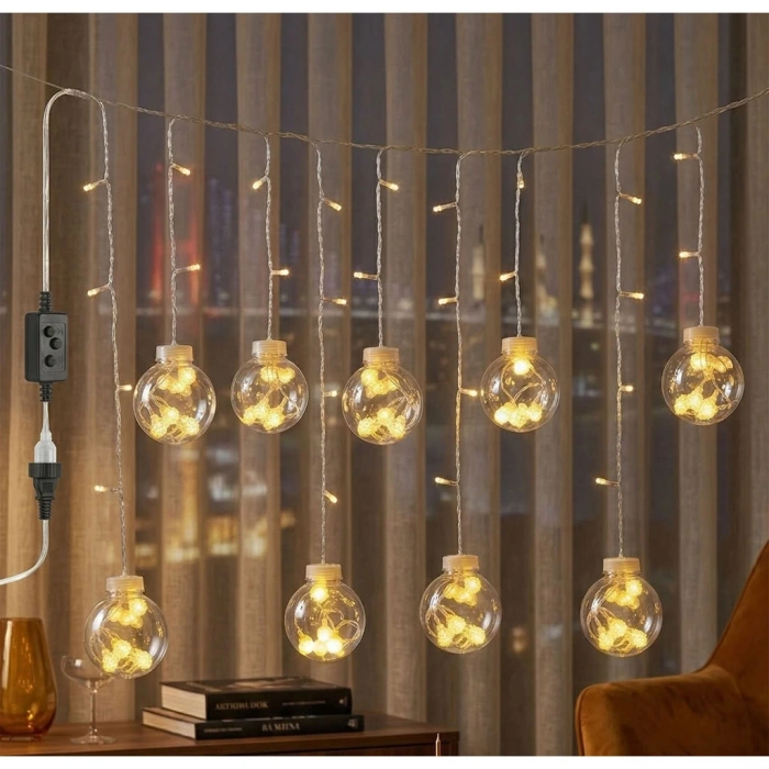 3 Metre 10 Toplu Perde LED Işık - Gün Işığı Şeffaf Dekoratif Aydınlatma - 8 Fonksiyonlu Led
