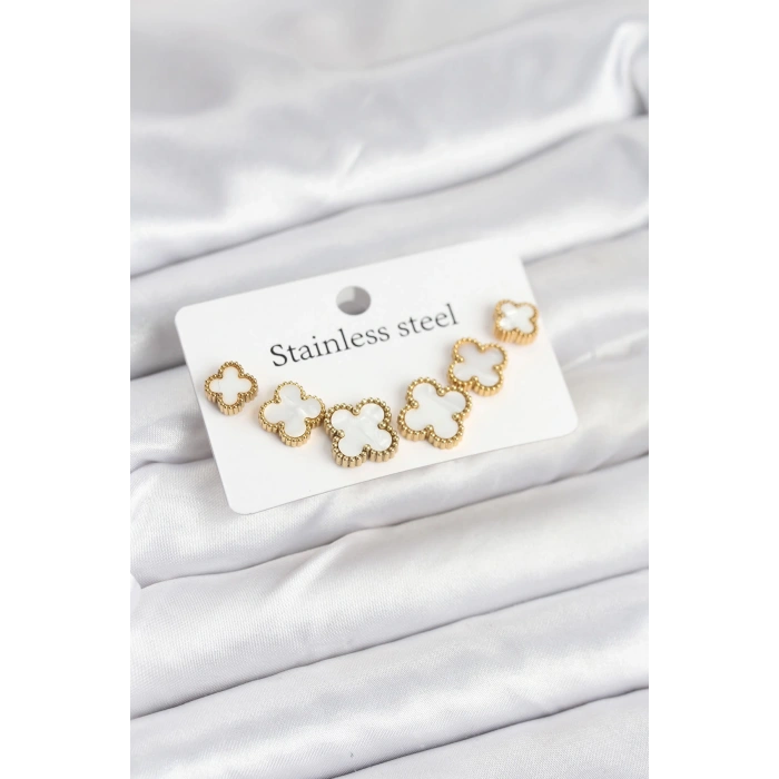 316L Çelik Gold Beyaz Renk 3 Boy Yonca Küpe Seti