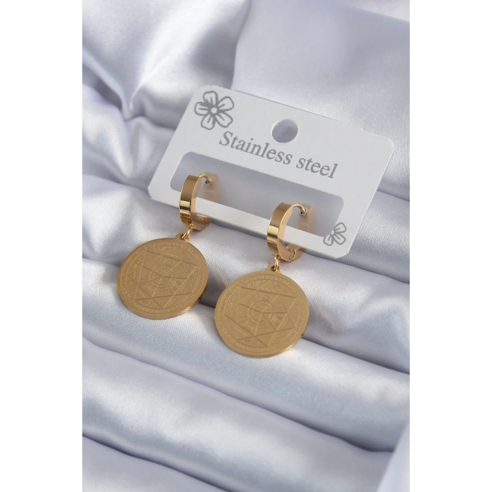 316L Çelik Gold Renk Pentagram İşleme Model Kadın Küpe
