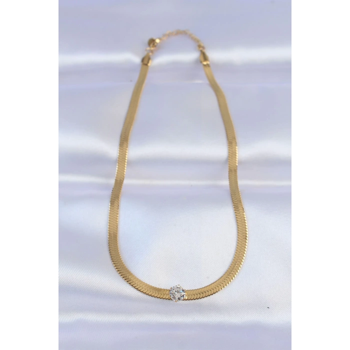 316L Çelik Gold Renk Tek Zirkon Taşlı İtalyan Zincir Kolye