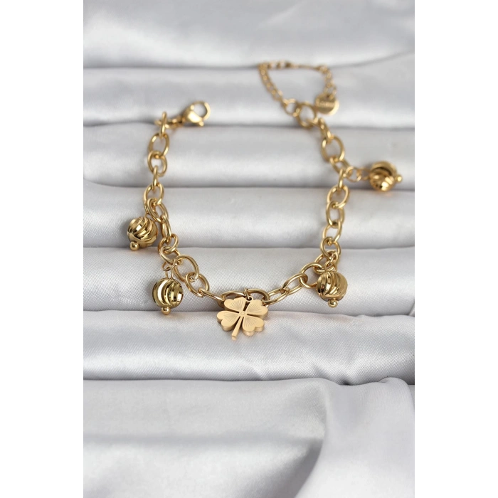 316L Çelik Gold Renk Yonca ve Dorikalı Kadın Bileklik