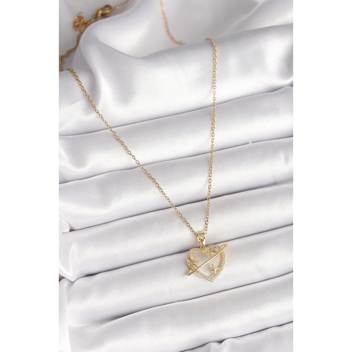 316L Çelik Gold Renk Zincir Zirkon Taşlı Kalp Model Yıldız Detay Kadın Kolye