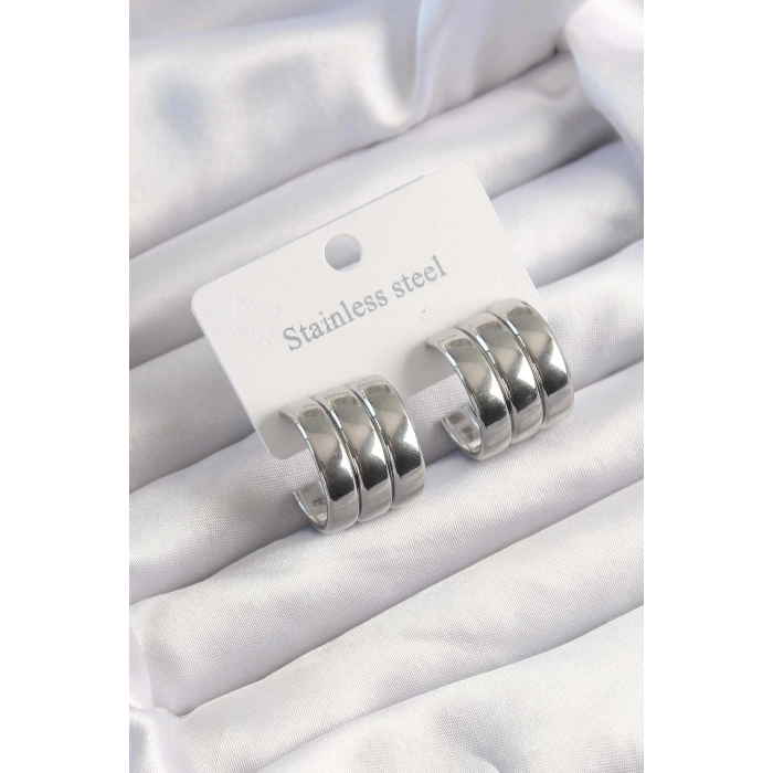316L Çelik Gümüş Renk 3lü Görünüm Bombe Model Yarım Halka Küpe
