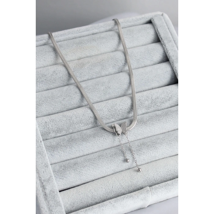 316L Çelik Gümüş Renk İtalyan Zincir Model Simli Kelebek Figür Kadın Kolye