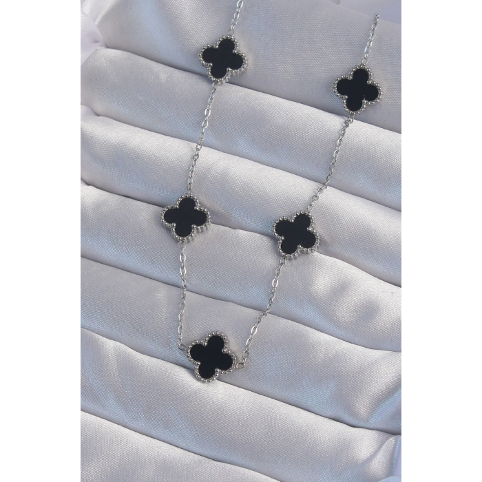 316L Çelik Gümüş Renk Siyah Mineli Yonca Kolye