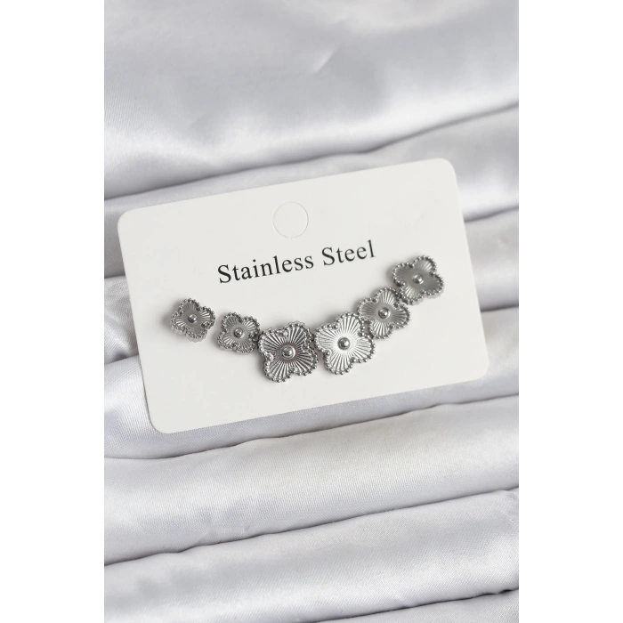 316L Çelik Gümüş Renk Yonca Küpe Seti