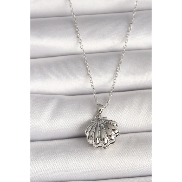 316L Çelik Gümüş Renk Zincir Açılır İncili Midye Model Kadın Kolye