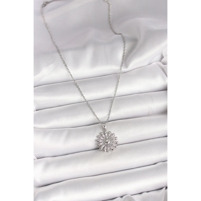 316L Çelik Gümüş Renk Zincir Zirkon Taşlı Güneş Model Kadın Kolye