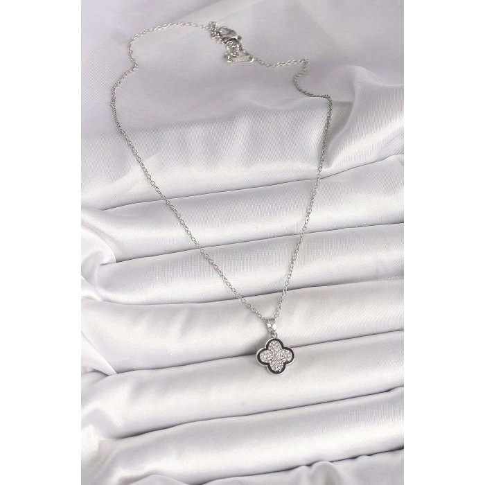 316L Çelik Gümüş Renk Zincir Zirkon Taşlı Yonca Model Kadın Kolye