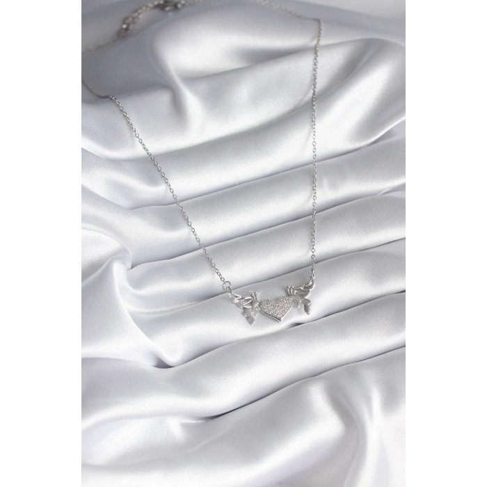 316L Çelik Gümüş Renk Zirkon Taşlı Kanat Kalp Model Kadın Kolye