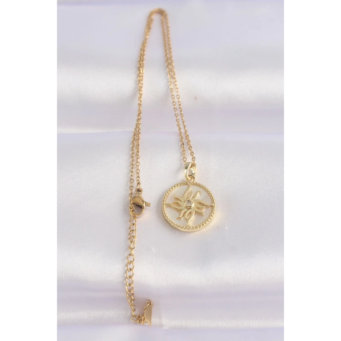 316L Çelik Zincir Altın Renk Zirkon Taşlı Oval Tasarım Güneş Kolye