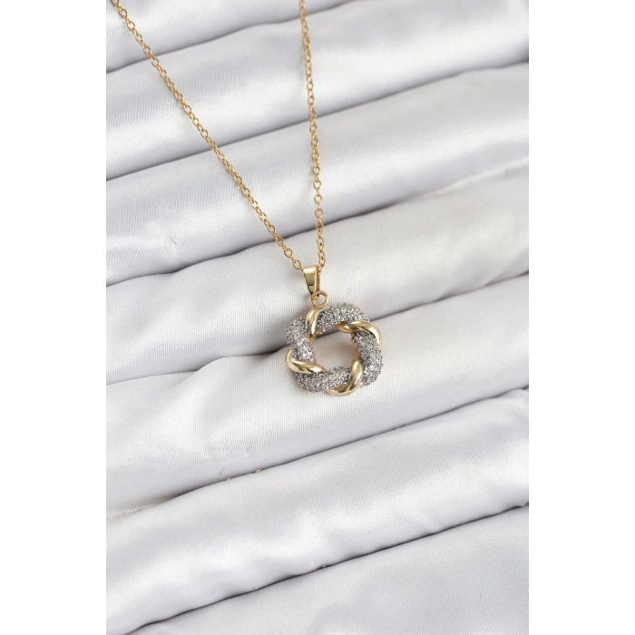 316L Çelik Zincir Gold Renk Zirkon Taşlı Sarmal Model Kadın Kolye
