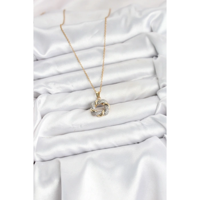 316L Çelik Zincir Gold Renk Zirkon Taşlı Sarmal Model Kadın Kolye