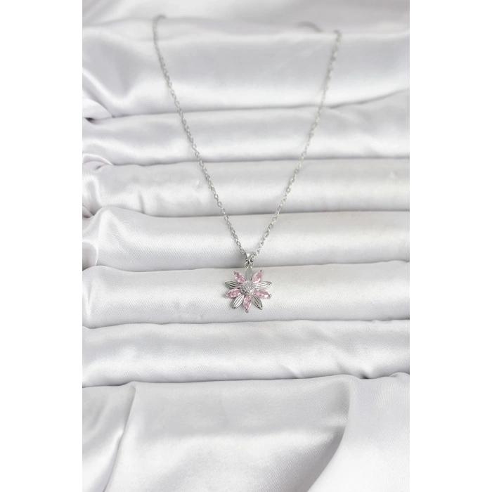 316L Çelik Zincir Gümüş Renk Pembe Papatya Model Kadın Kolye