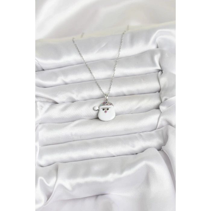 316L Çelik Zincir Gümüş Renk Şapkalı Kardan Adam Kafası Model Yılbaşı Temalı Kadın Kolye