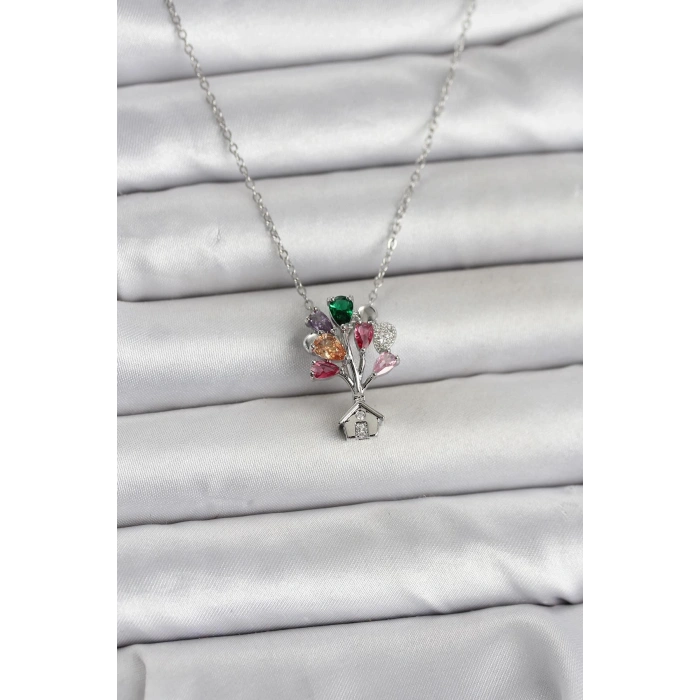 316L Çelik Zincir Gümüş Renk Uçan Balon Ev Figür Kadın Kolye