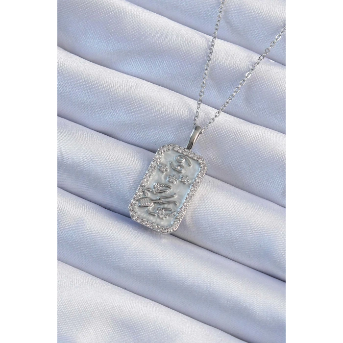 316L Çelik Zincir Gümüş Renk Zirkon Taşlı Çerçeveli Tarot Kolye