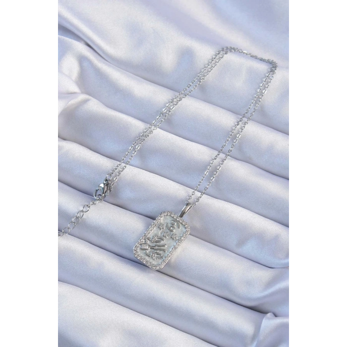 316L Çelik Zincir Gümüş Renk Zirkon Taşlı Çerçeveli Tarot Kolye