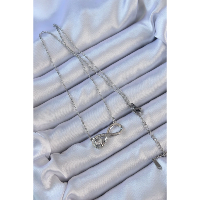 316L Çelik Zincir Gümüş Renk Zirkon Taşlı Minimal Kalp Figür Sonsuzluk Kolye