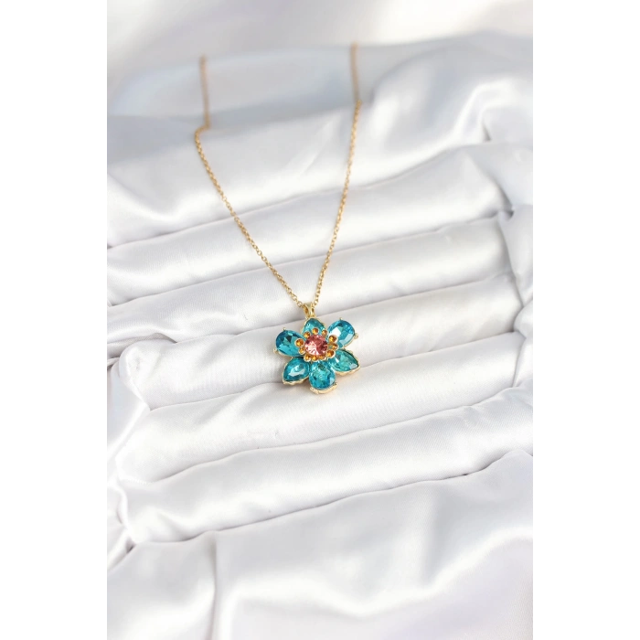 316L Çelik Zincirli Mavi Çiçek Model Kadın Kolye