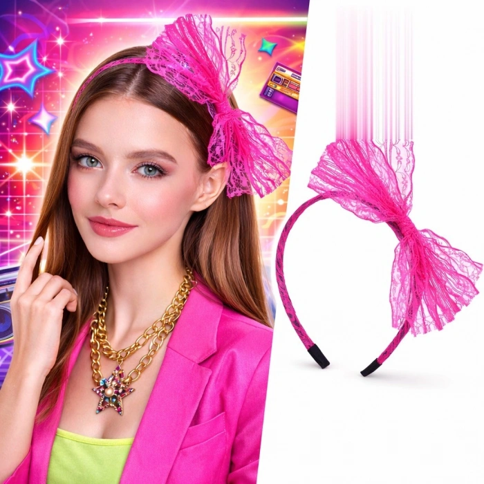 80’ler 90’lar Neon Pembe Dantel Taç Fiyonklu