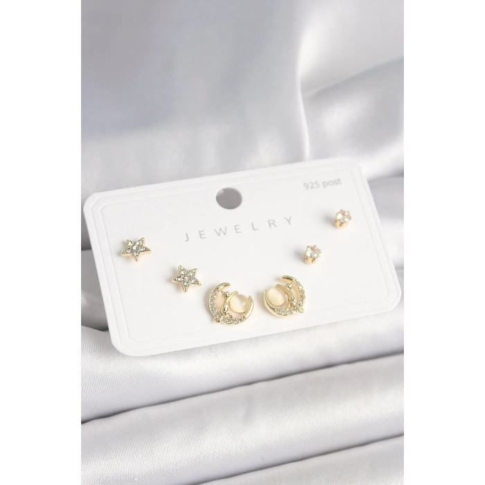 925 Ayar Gümüş Çivi Zirkon Taşlı Hilal Yıldız Model Kadın Küpe Seti