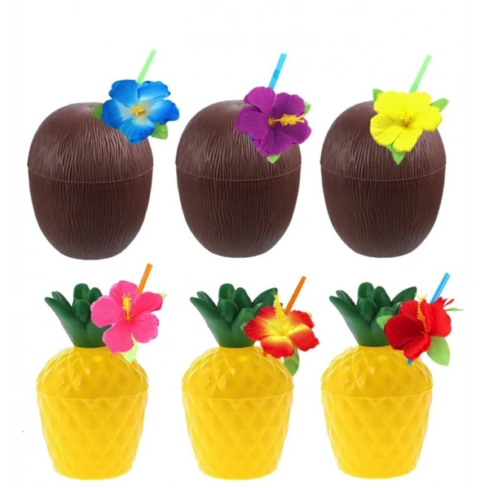 Ananas & Hindistan Cevizi Tasarımlı Pipetli Bardak Seti (6 Adet)