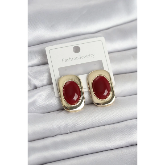Bordo Renk Kare Model Vintage Kadın Küpe