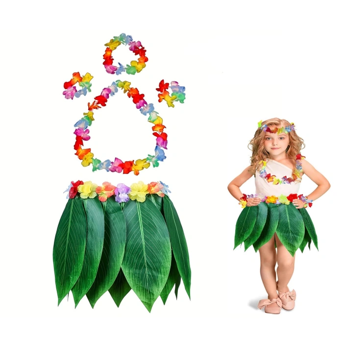 Çocuk Hawaii Kostüm Seti - Yaprak Etek & Hawaii Set - 5 Parça