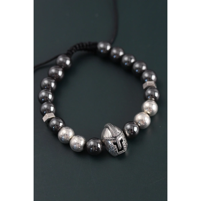 Doğal Taş Gladyatör Model Gümüş Ve Füme Renk Asansörlü Erkek Bileklik