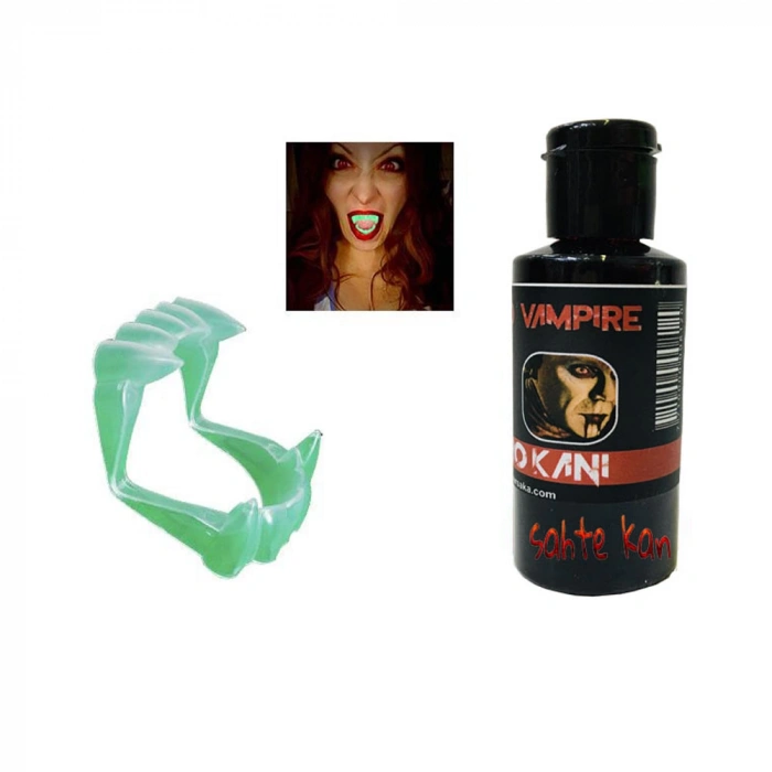 Fosforlu Çift Damak Takma Vampir Dişi ve 50 gr Tiyatro Kanı